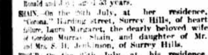 Death notice of Mrs Laura Shain