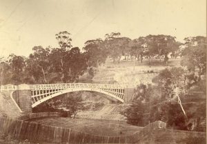 A latticed wooden bridge
